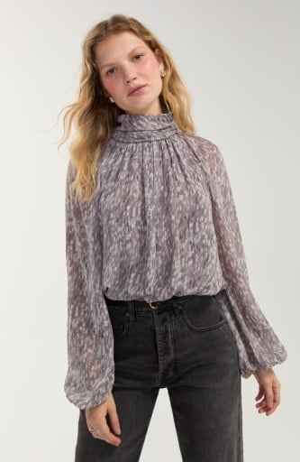 Liverpool Los Angeles long sleeve shirred mockneck woven top