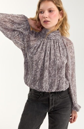 Liverpool Los Angeles long sleeve shirred mockneck woven top