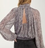 Liverpool Los Angeles long sleeve shirred mockneck woven top