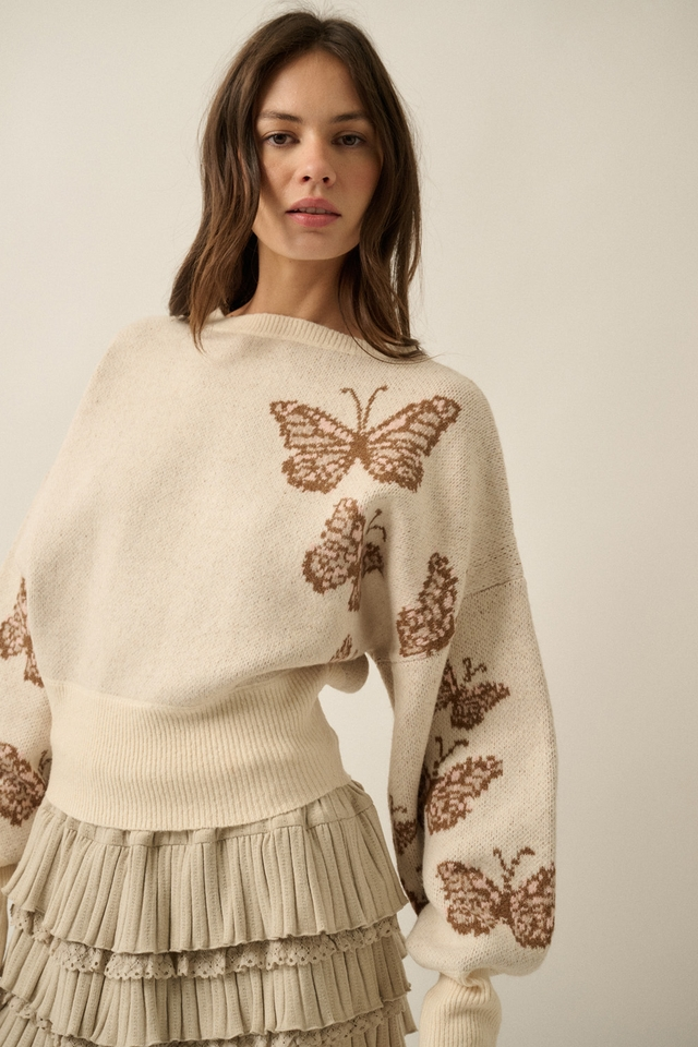 Cream Butterfly Jacquard-Knit Cropped Sweater