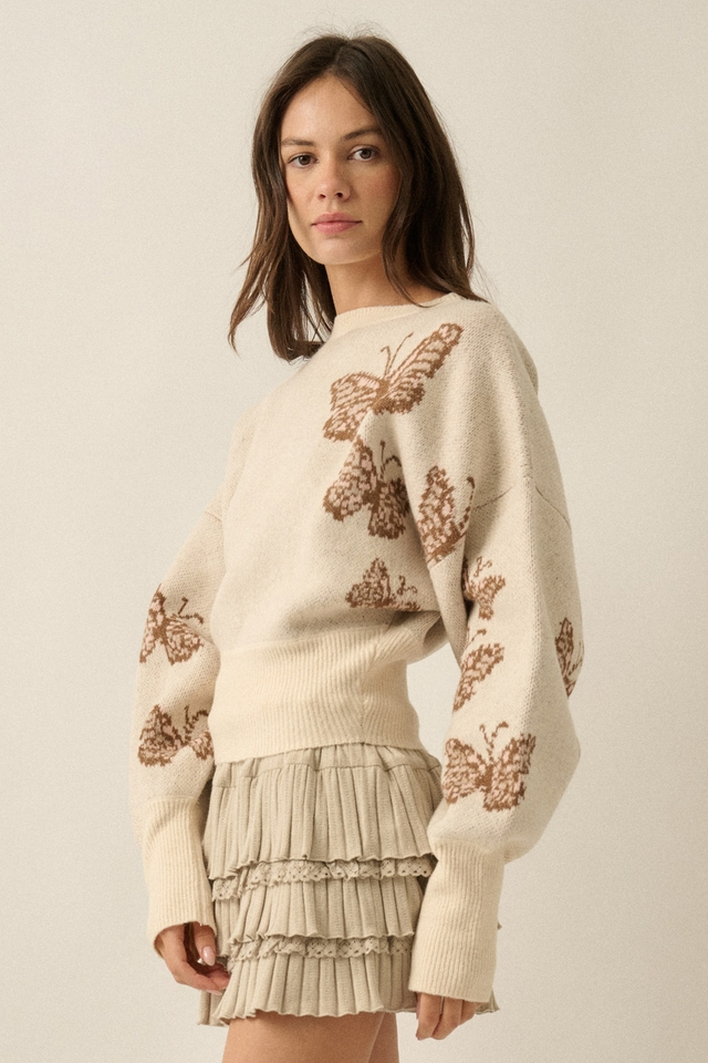Cream Butterfly Jacquard-Knit Cropped Sweater