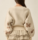 Cream Butterfly Jacquard-Knit Cropped Sweater