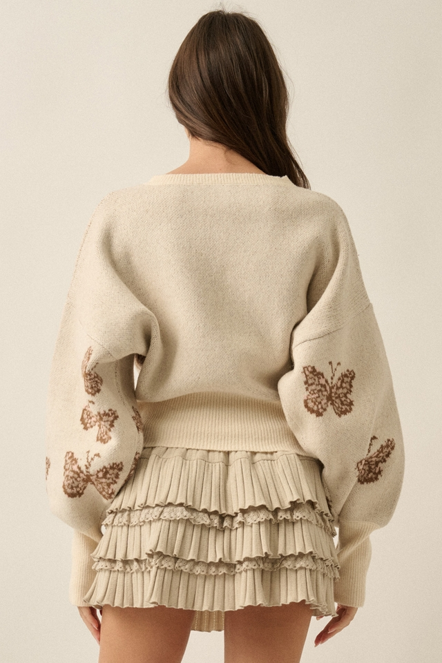 Cream Butterfly Jacquard-Knit Cropped Sweater