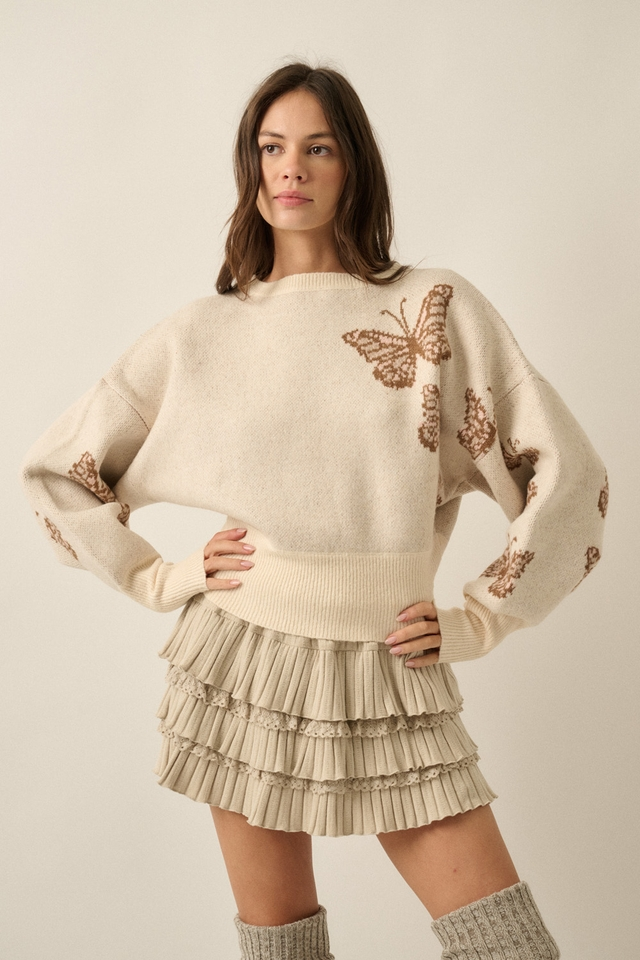 Cream Butterfly Jacquard-Knit Cropped Sweater