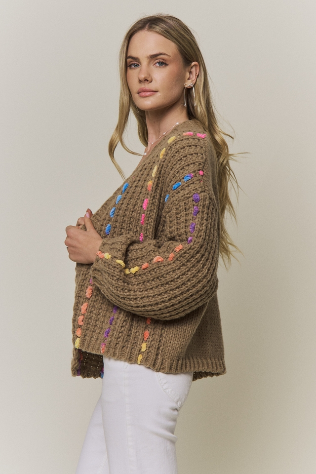 FLEURISH Khaki Multicolor Stitch Knit Cardigan