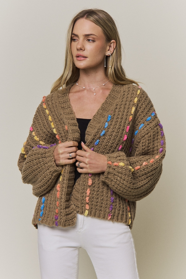 FLEURISH Khaki Multicolor Stitch Knit Cardigan