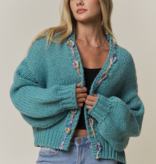 FLEURISH Green Chunky Multicolor Trim Knit Cardigan