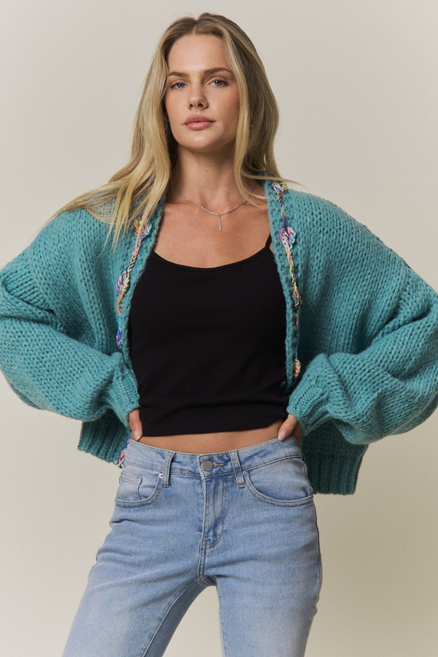 FLEURISH Green Chunky Multicolor Trim Knit Cardigan