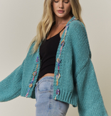 FLEURISH Green Chunky Multicolor Trim Knit Cardigan