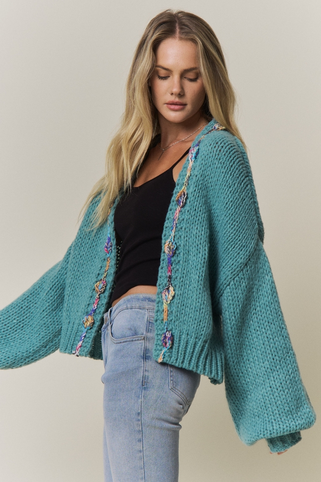 FLEURISH Green Chunky Multicolor Trim Knit Cardigan