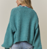 FLEURISH Green Chunky Multicolor Trim Knit Cardigan