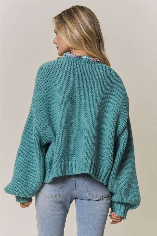 FLEURISH Green Chunky Multicolor Trim Knit Cardigan