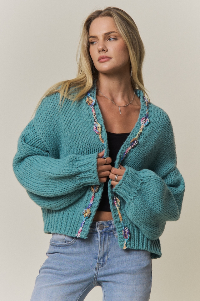 FLEURISH Green Chunky Multicolor Trim Knit Cardigan