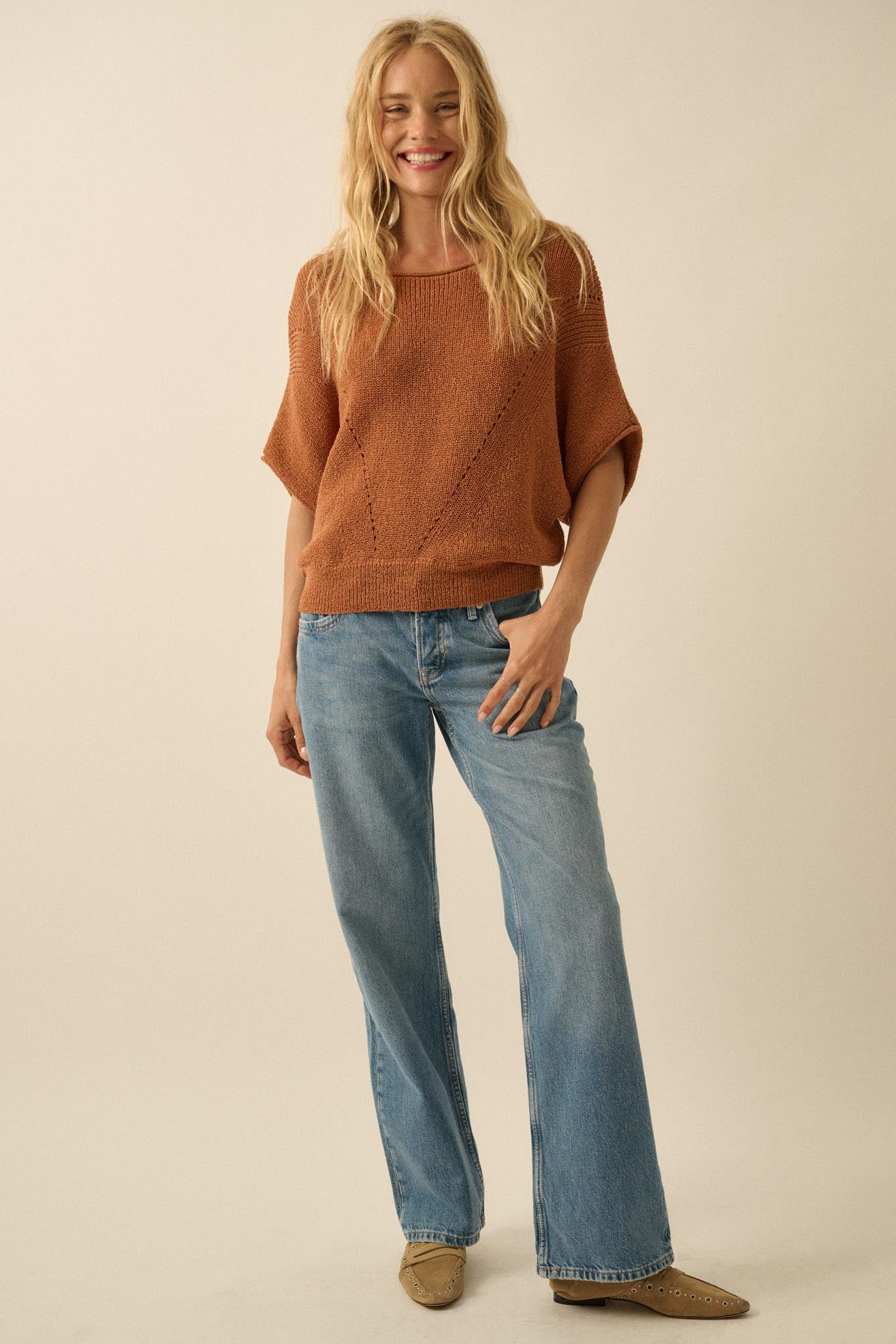 Sunburn Short-Sleeve Pointelle Ribbed Knit Sweater