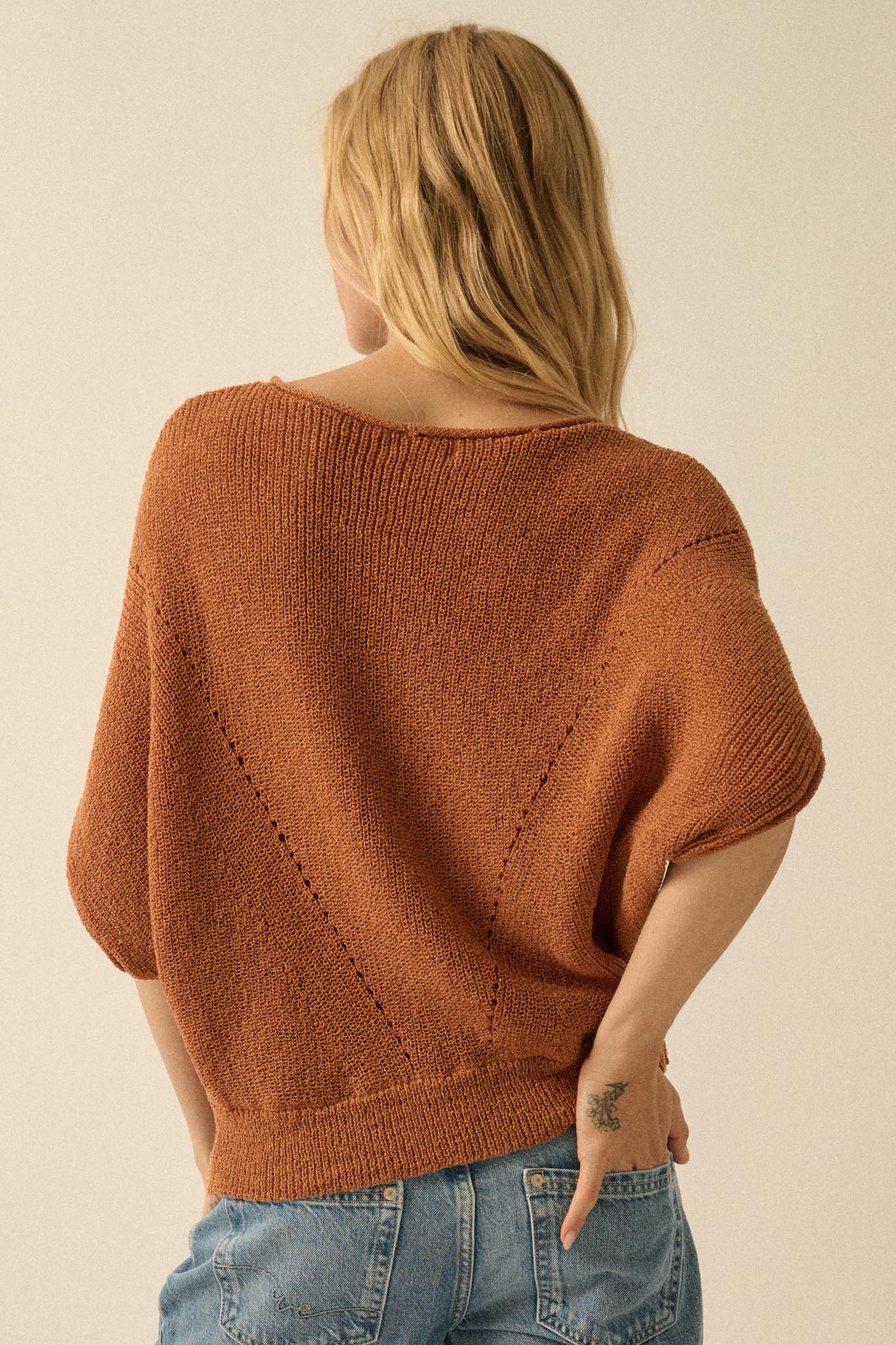 Sunburn Short-Sleeve Pointelle Ribbed Knit Sweater