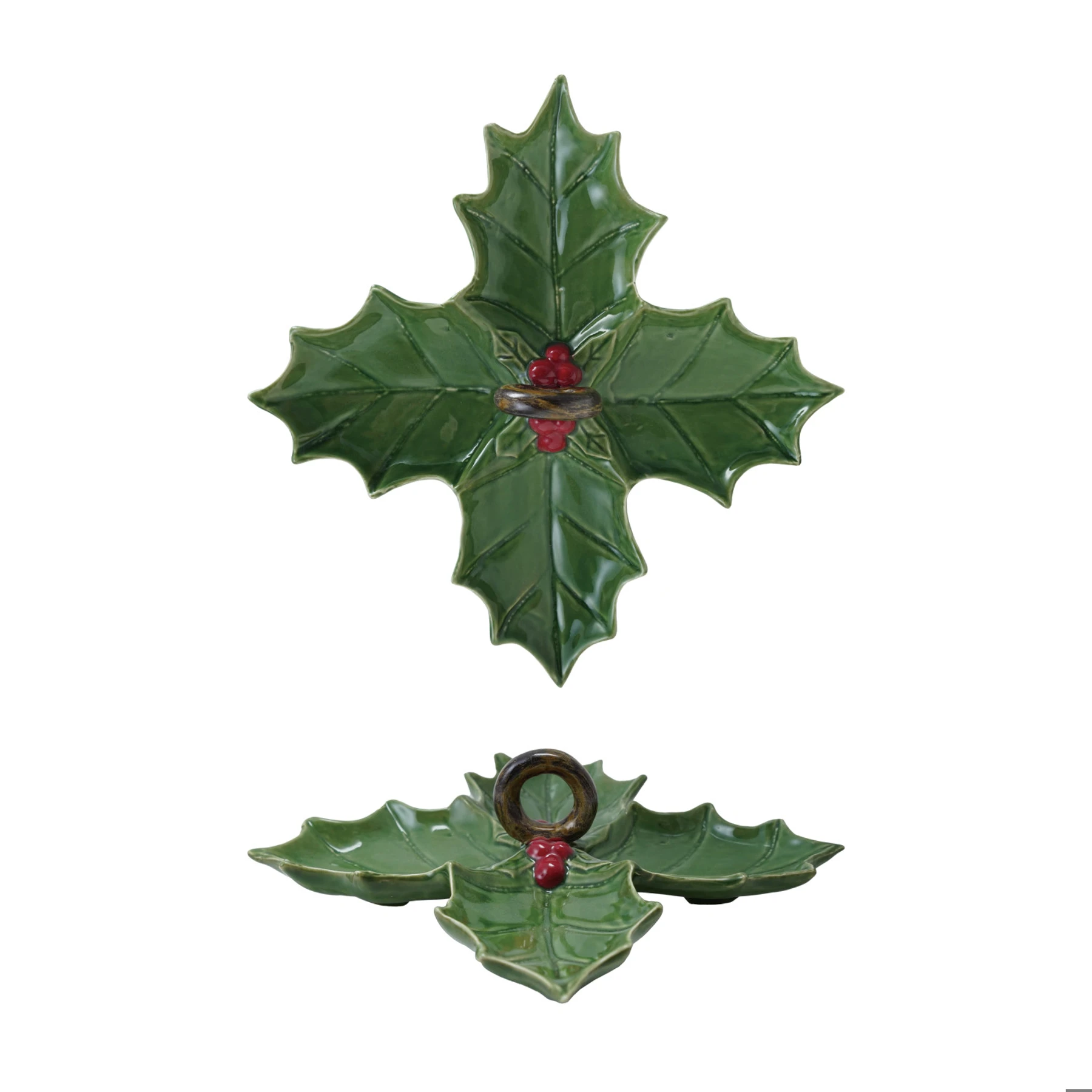 FLEURISH Ceramic Holly Leaf Shaped Dish with 4 Sections & Handle