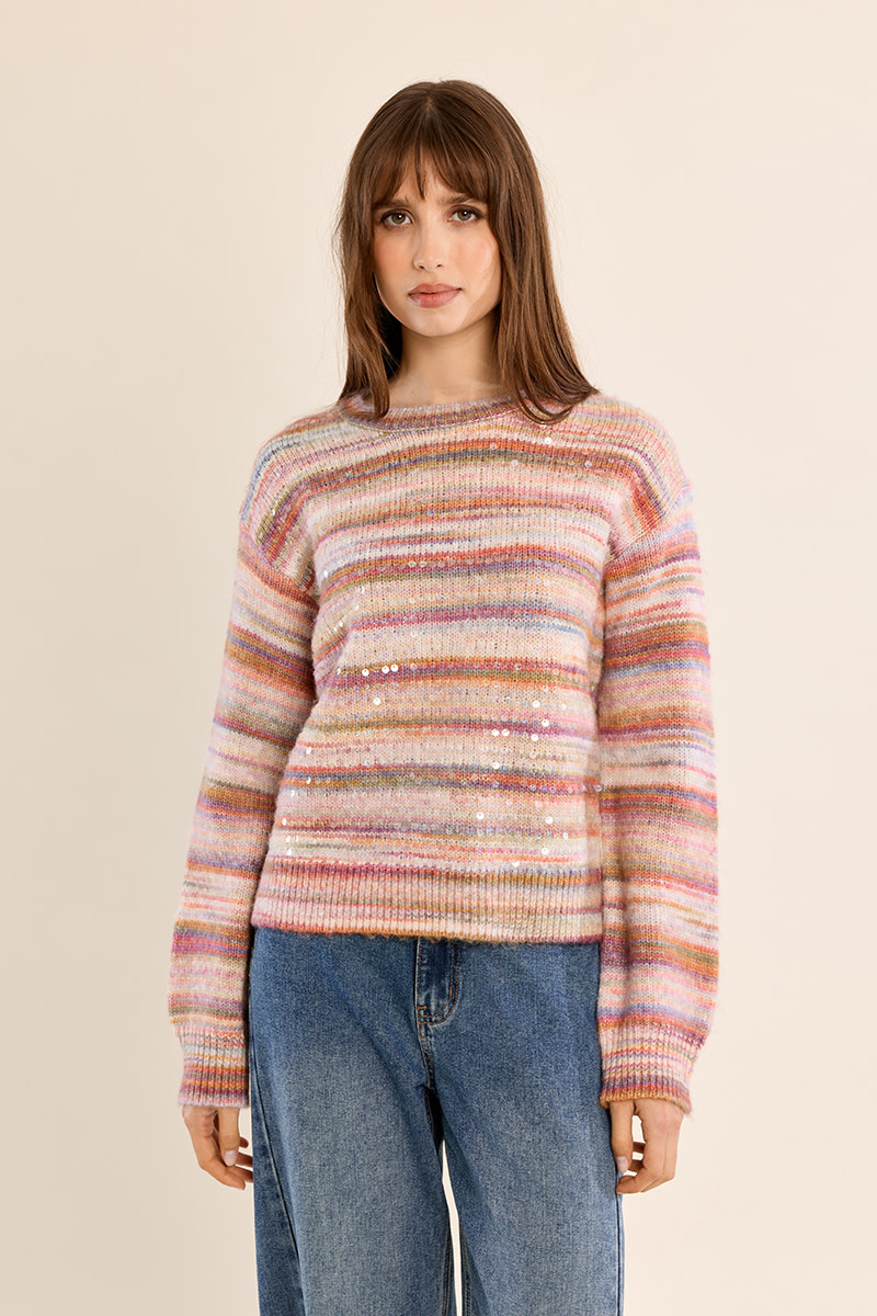 Molly Bracken Multi Colored Stripe Knitted Sweater with Sequin Detail