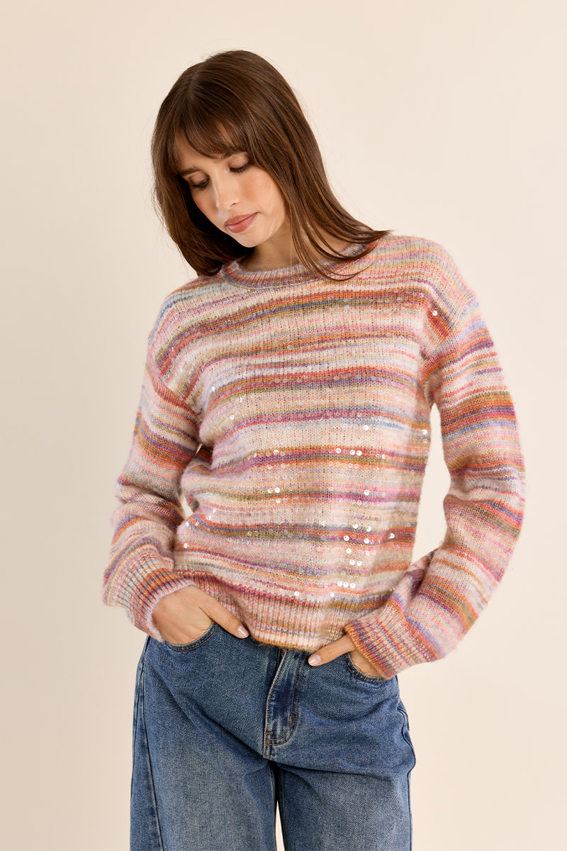 Molly Bracken Multi Colored Stripe Knitted Sweater with Sequin Detail