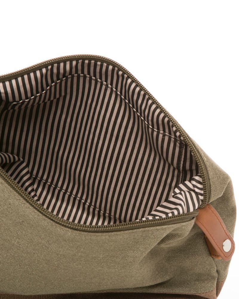 Brouk Leather Toiletry Bag in Olive with Leather Trim