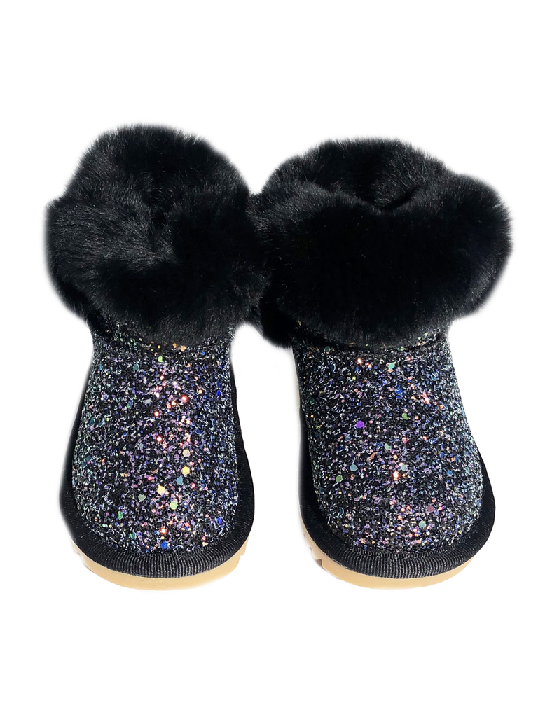 Designer Kids Black Glitter Fur Boots 