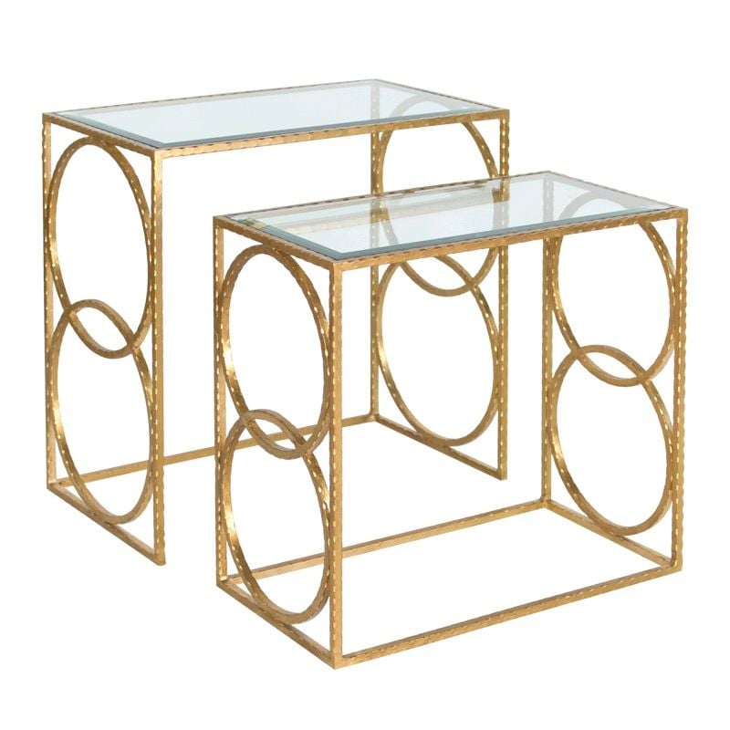 HAMMERED NESTING TABLES IN GOLD LEAF WITH BEVELED GLASS TOPS SET OF 2