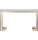 WORLDS AWAY BARSANTI WHITE LACQUER CONSOLE WITH GOLD LEAF GREEK KEY BASE