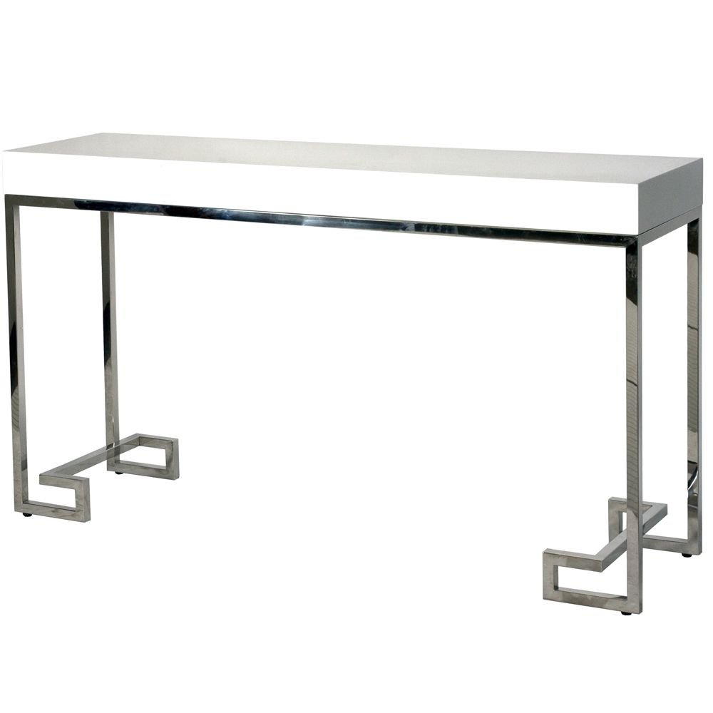 WORLDS AWAY BARSANTI WHITE LACQUER CONSOLE WITH STAINLESS GREEK KEY BASE