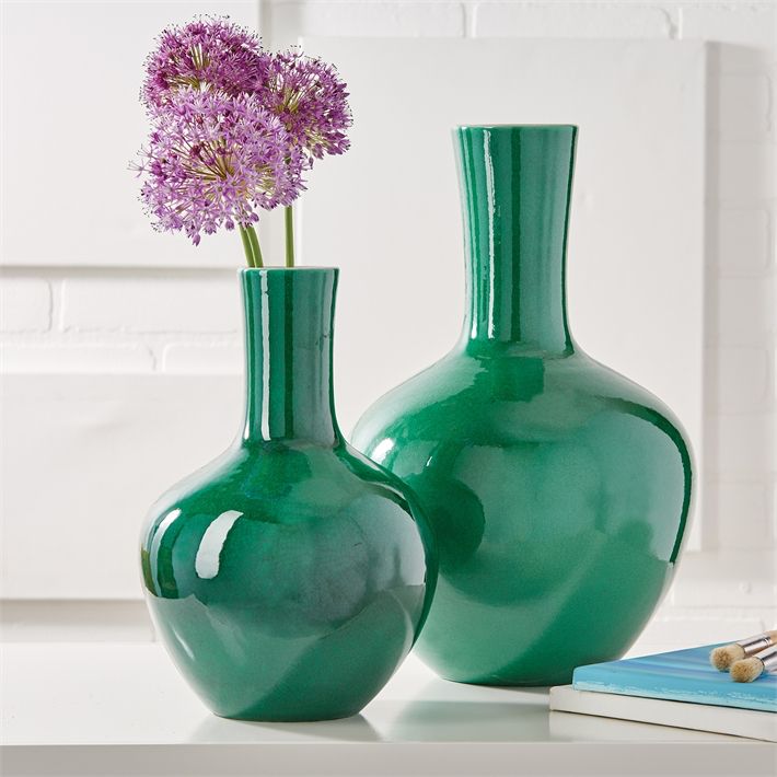TOZAI HOME IMPERIAL GREEN S/2 STRAIGHT COLLAR VASES