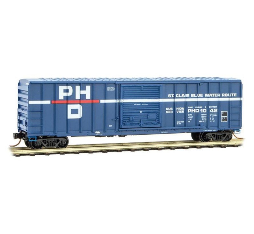 Micro-Trains Line (MTL) 489- 50' Rib-Side Single-Door Boxcar No Roofwalk -  Ready to Run -- Port Huron & Detroit #1042 (blue, white, red, Per Diem  Series #12) - M R S Hobby Shop