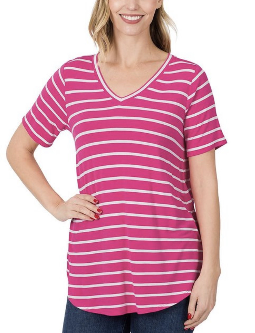 Neon Pink Striped Short Sleeve Tee