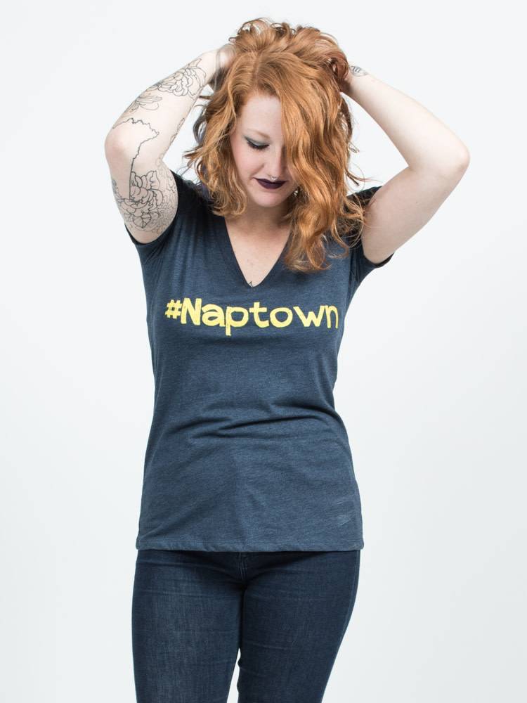 Womens V-neck Yellow Font #Naptown Felicia Tees