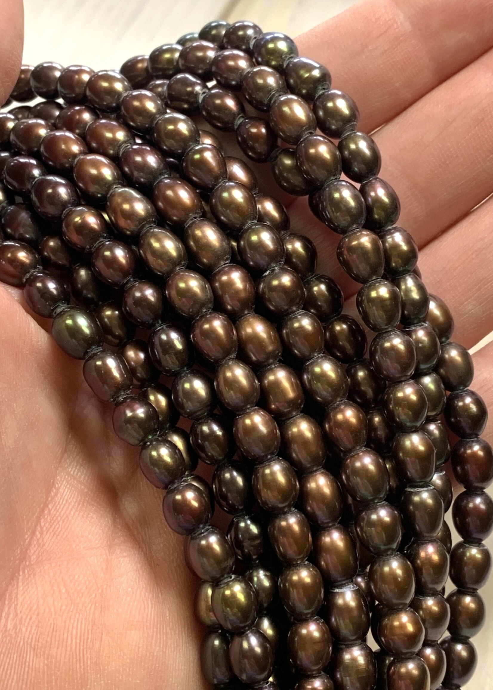 7mm Coffee Brn Rice Pearls 2mm Large Hole 16” Strand