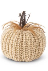 K & K Cream Crochet Pumpkin w/wood stem & feathers 7.5"