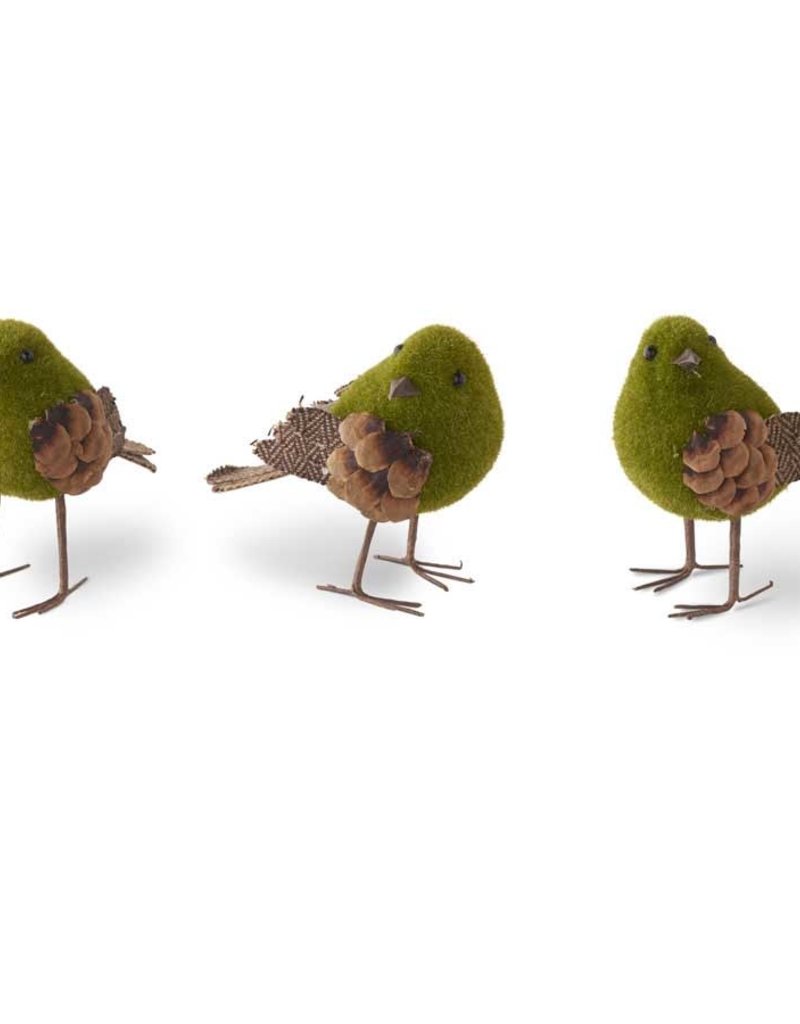 K & K Green Mossy Bird w/pinecone & tweed feather 4"