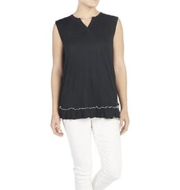 Coco + Carmen Crinkle Knit Ruffle Top Black with white trim