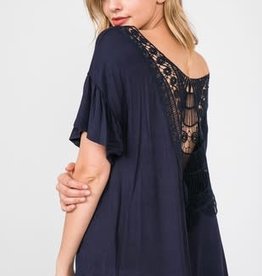 papercrane Back Lace Short Ruffle Sleeve Top in Navy
