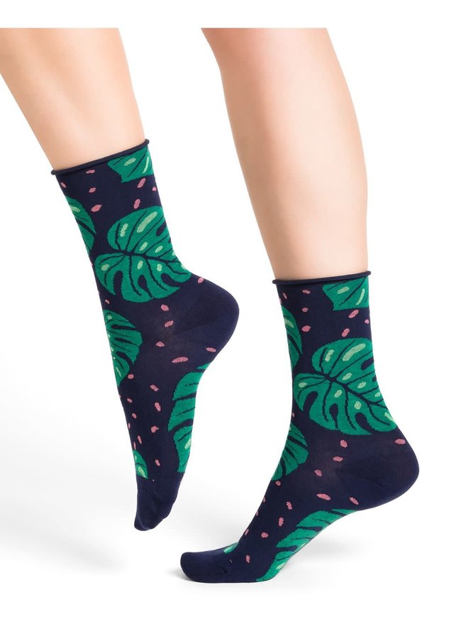 Chaussettes Coton Bord Roulé - Tropical encre