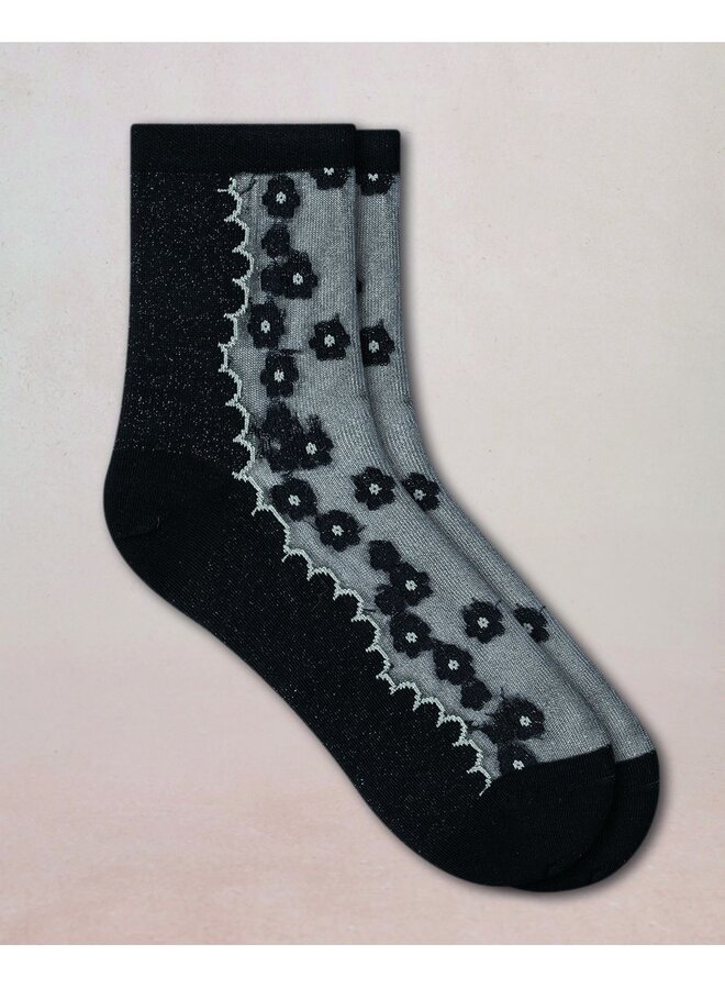 Chaussettes Courtes Transparentes Motif Petites Fleurs Noir