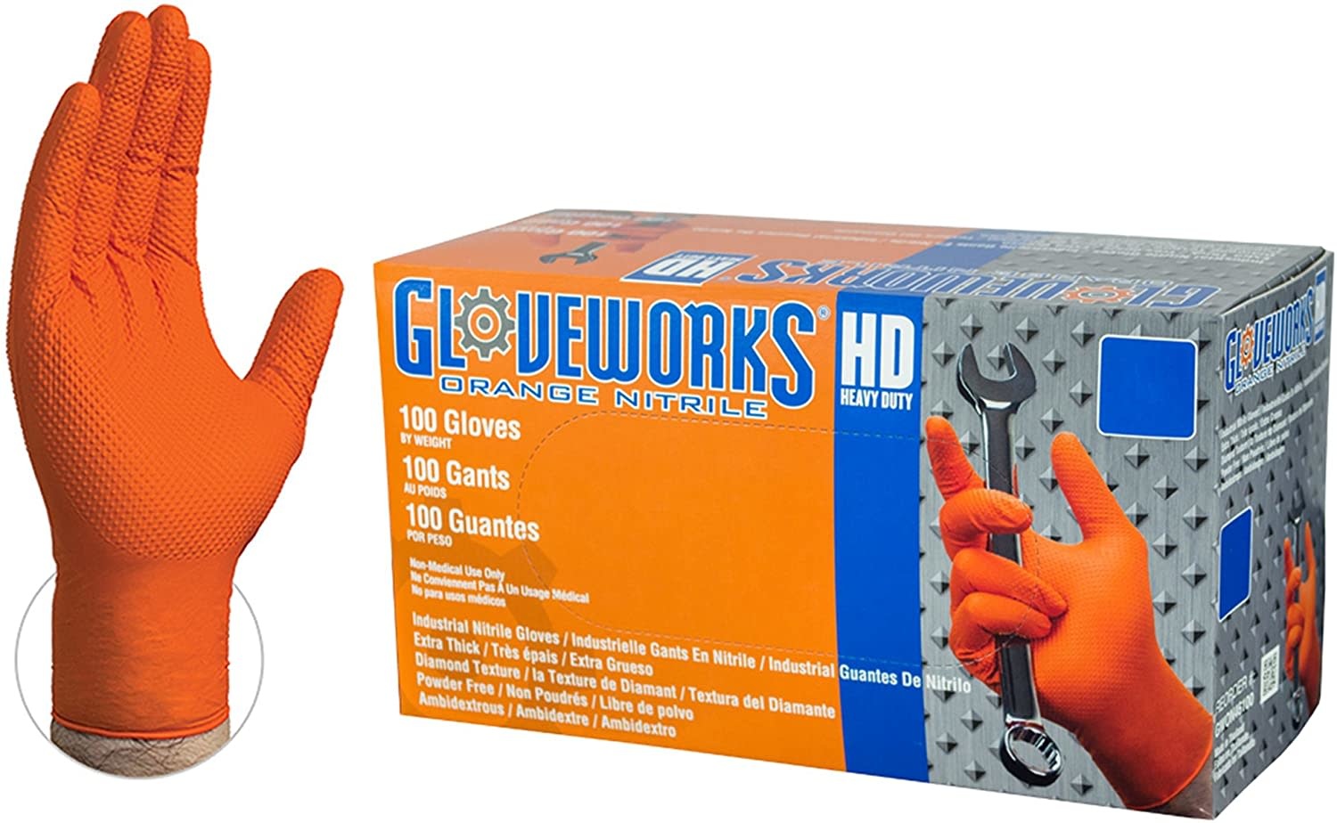 GloveWorks Heavy Duty Orange Nitrile Gloves, 8 Mil Industrial Grade, P –