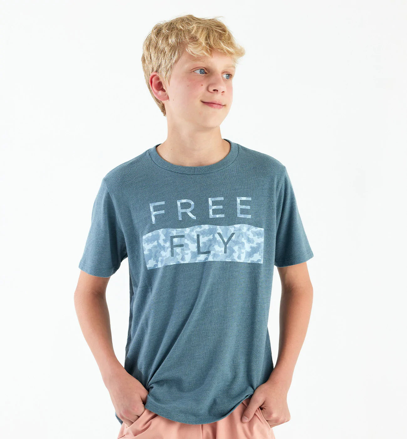 Free Fly Apparel Youth Wave Camo T-Shirt Heather Slate Blue