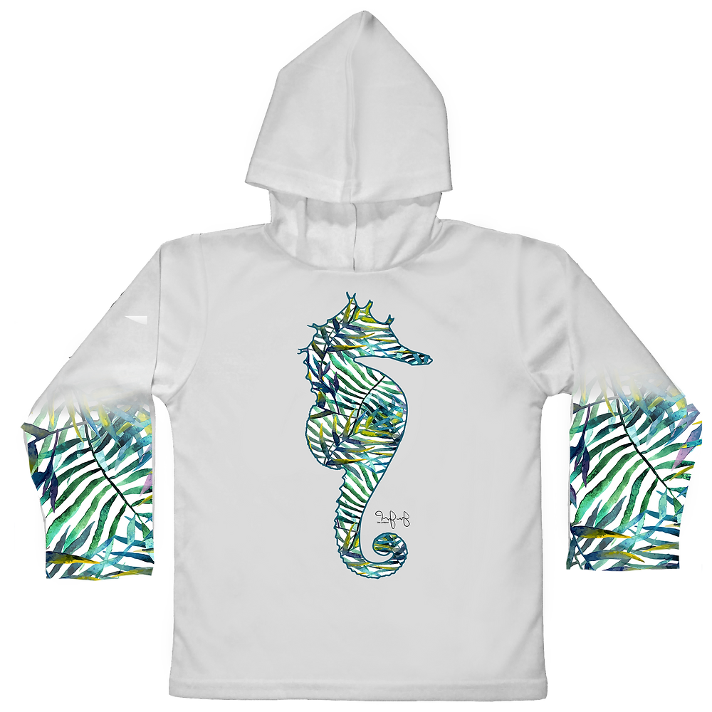 Jessie Jessup Toddler UPF 50 Hooded Long Sleeve Performance Shirt – Seaweed Seahorse