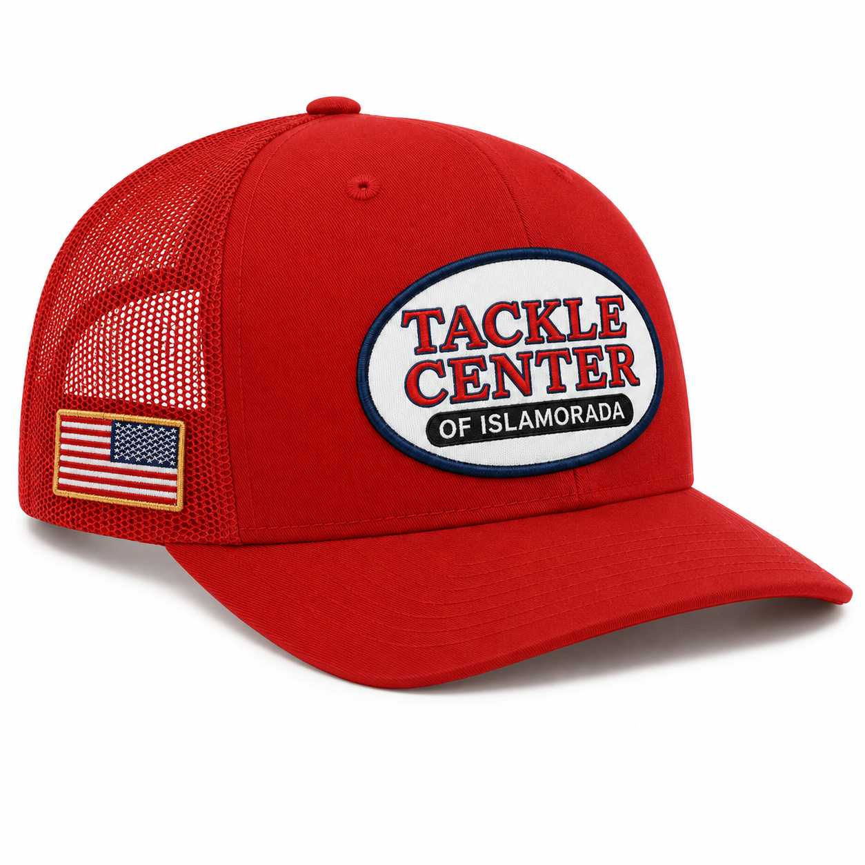 Tackle Center Red Mesh Hat with Flag Patch