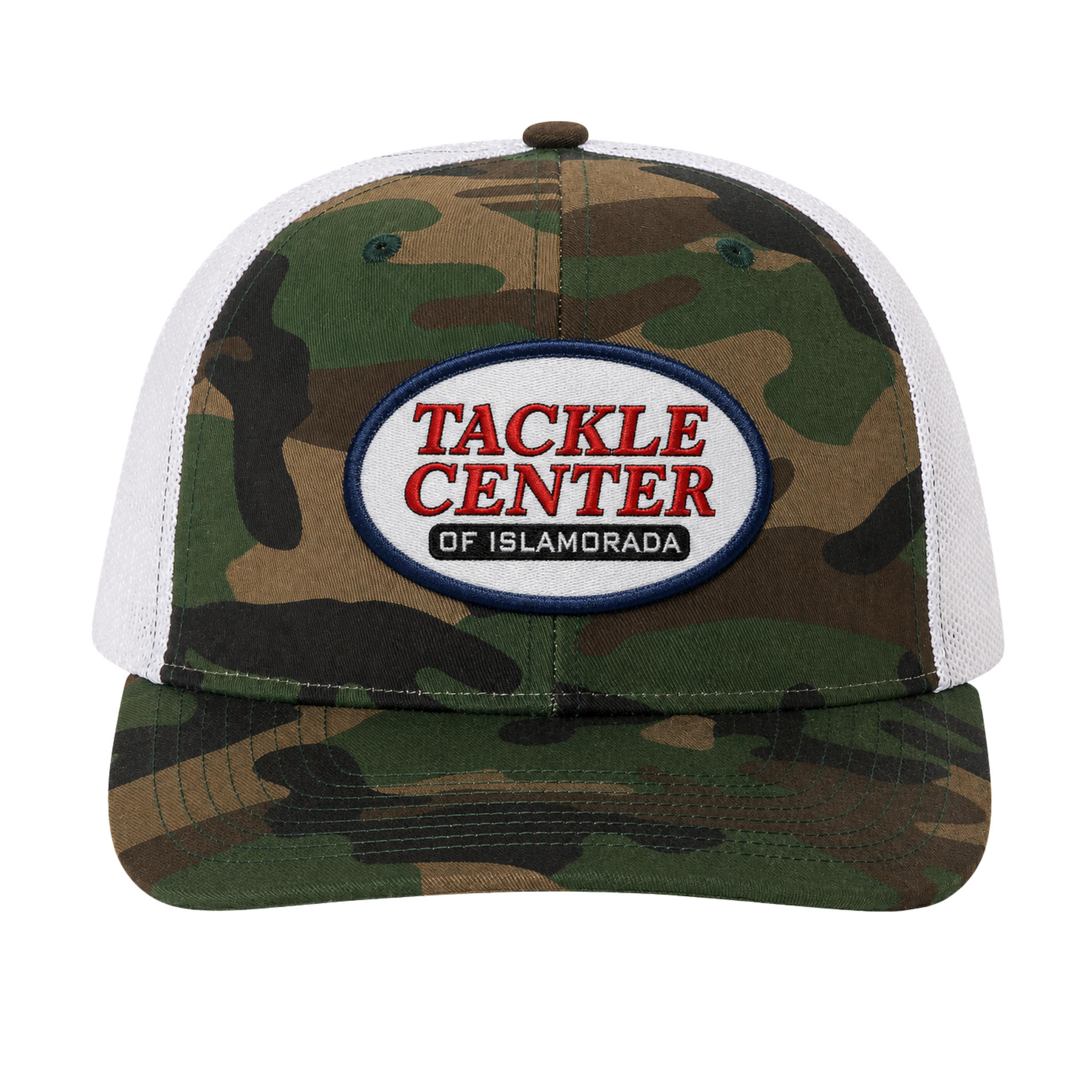 Tackle Center Camo/White Mesh Snapback Trucker Hat