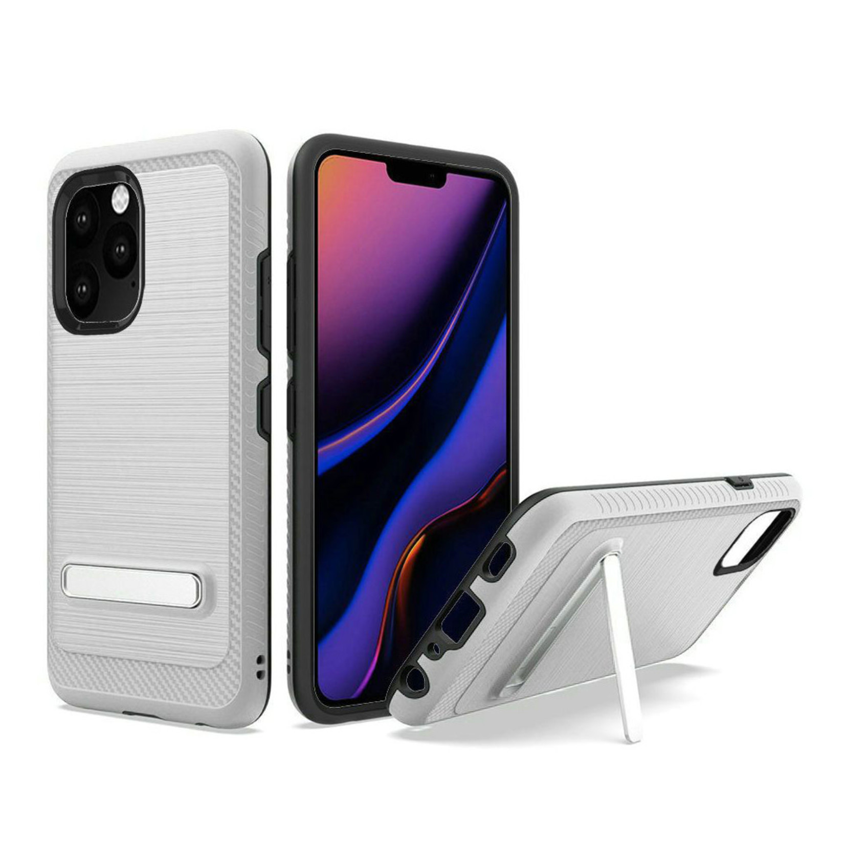 Metallic PC TPU Brushed Case Carbon Fiber Edge with Kickstand for iPhone 11 Pro