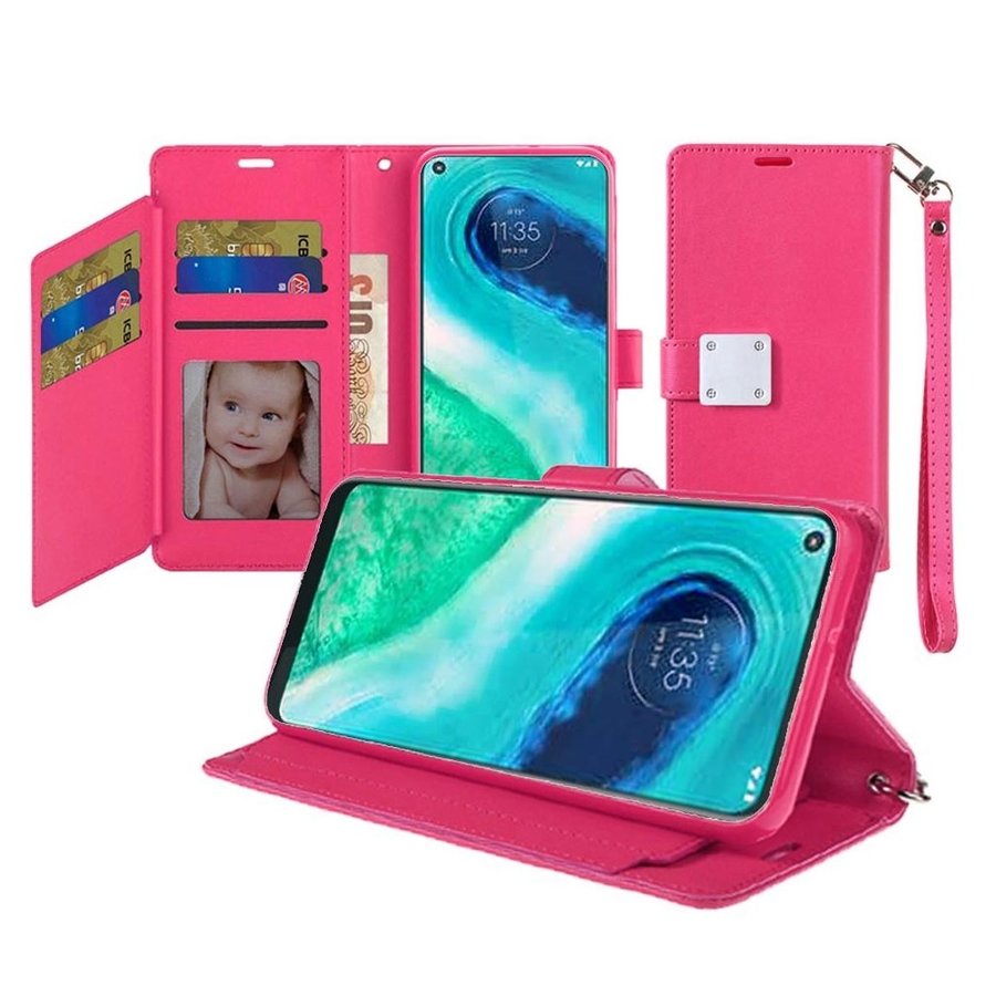 Hybrid PU Leather Metallic Flip Cover Wallet Case with Credit Card Slots for Motorola Moto G Fast