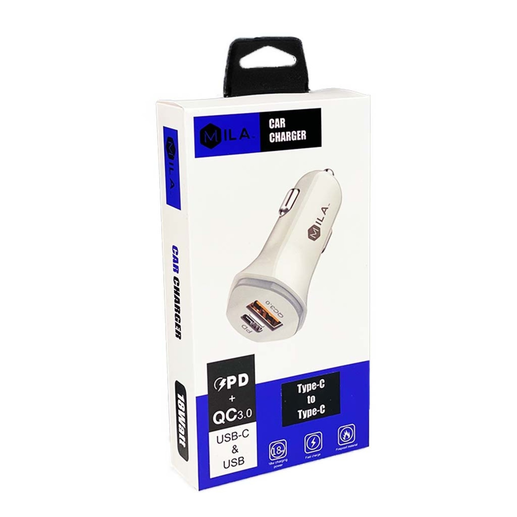 MILA | 3.0A Fast Charge USB and USB-C Port Car Charger with Type C to Type C Cable