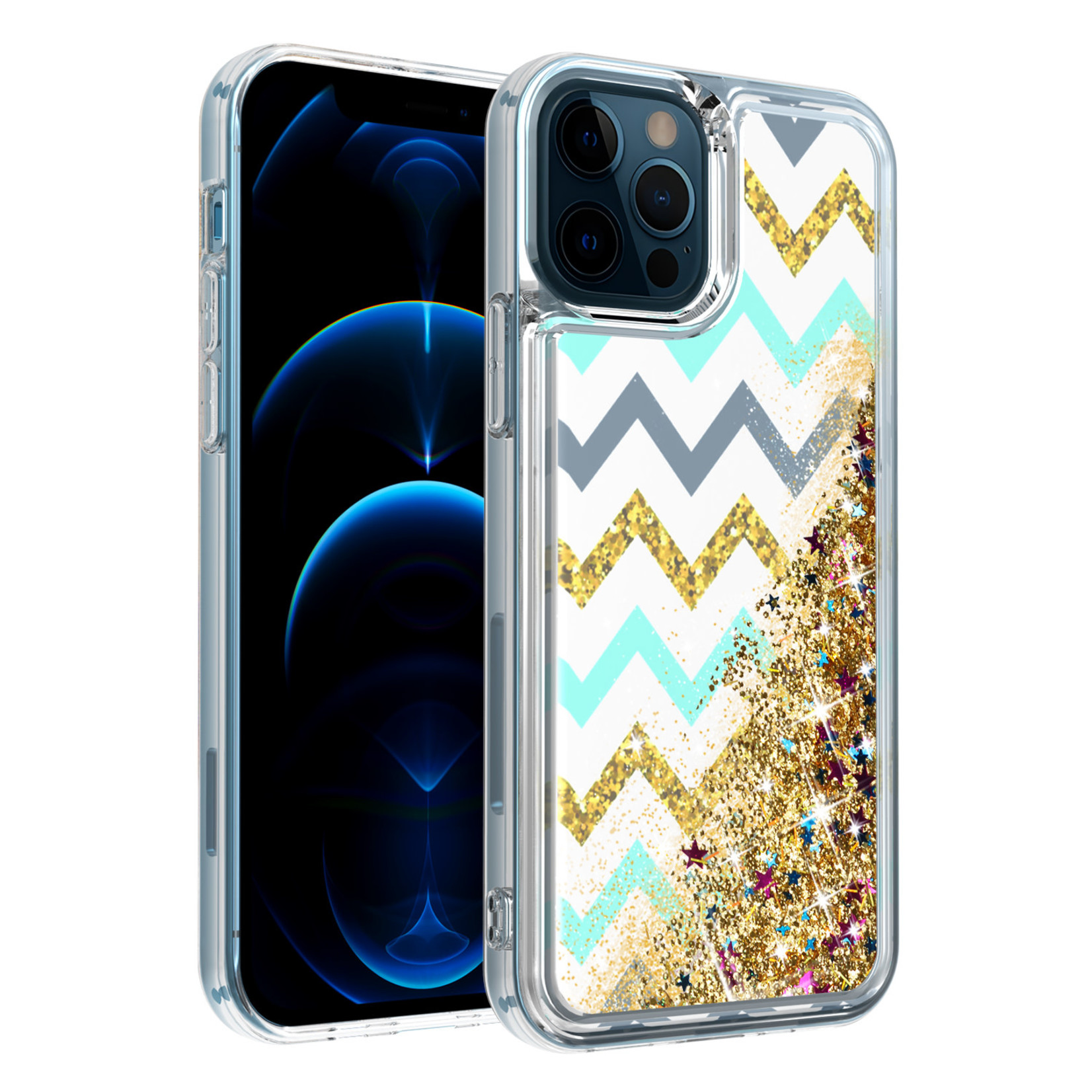 KaseAult Liquid Quicksand Glitter Cover Case - Teal Gold ZigZag For iPhone 13 6.1