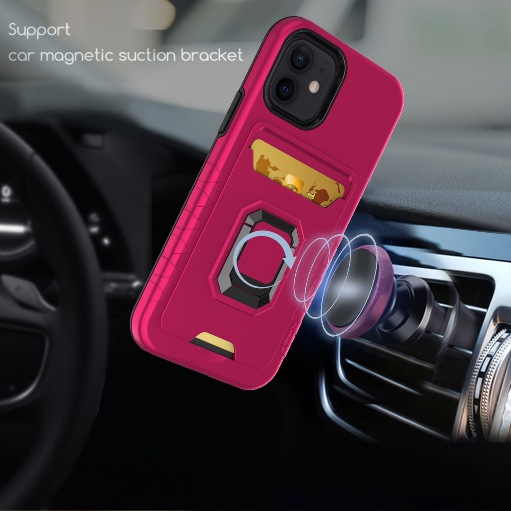 Card Holder with Magnetic Ring Stand Hybrid Case Cover - Hot Pink For Apple iPhone 11 (XI6.1)