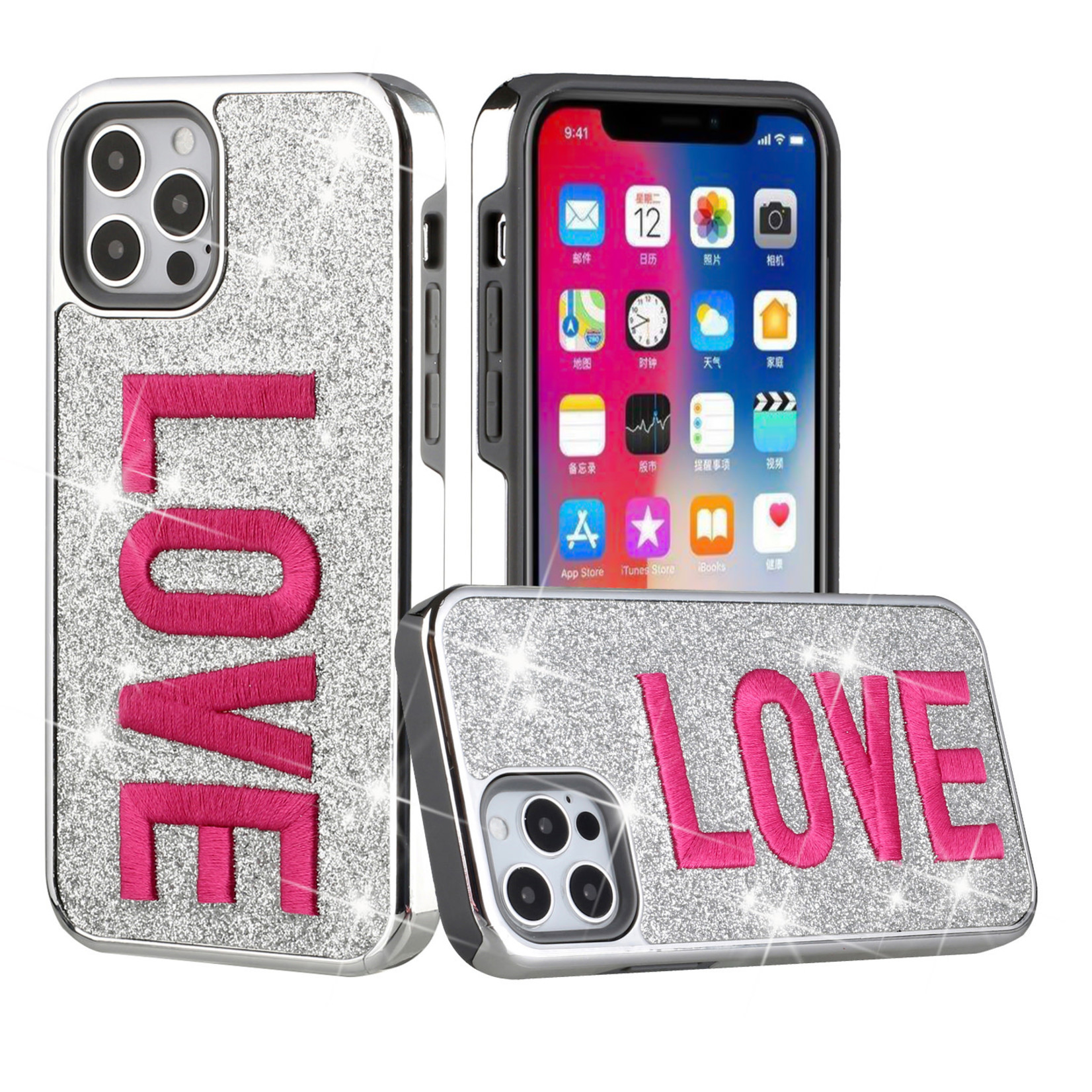 Embroidery Bling Glitter Chrome Hybrid Case Cover - Love on Silver For Apple iPhone 11 (XI6.1)