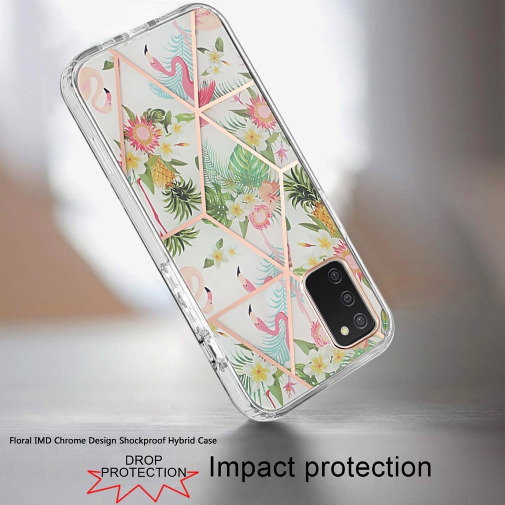 Samsung Floral IMD Chrome Design Shockproof Hybrid Case Cover - Foral A, For Samsung Galaxy A03s 2022